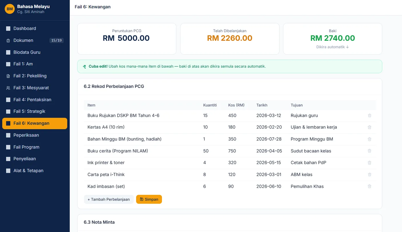 Fail 6 Kewangan: peruntukan RM5,000, belanja RM2,260, baki RM2,740